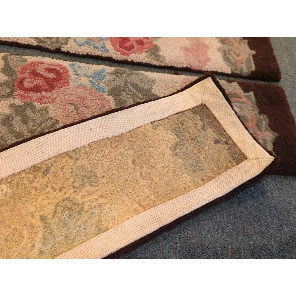 10 Antique Primitive Country Handmade‎ Hook Wool Hooked Stair Treads Floral Rug